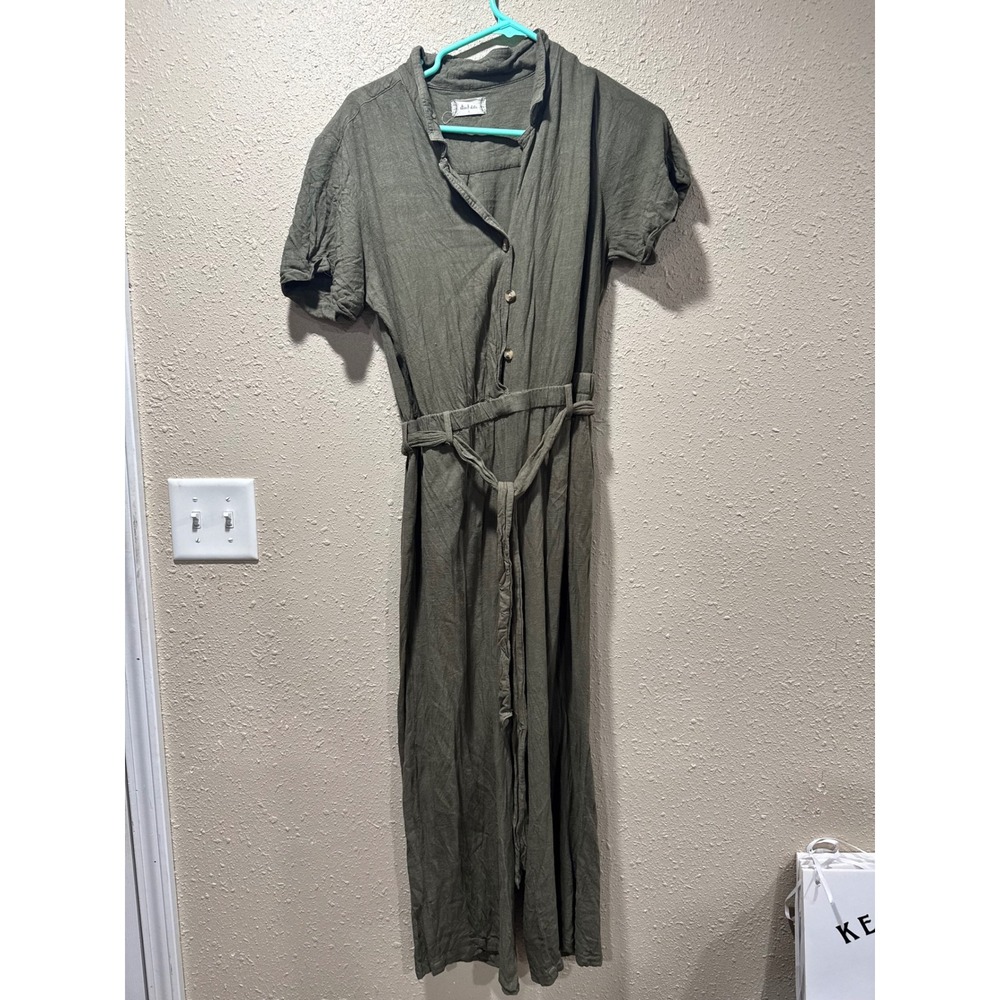 Altar'd State Olive Green Linen Blend Button Front Tie Waist Jumpsuit Large